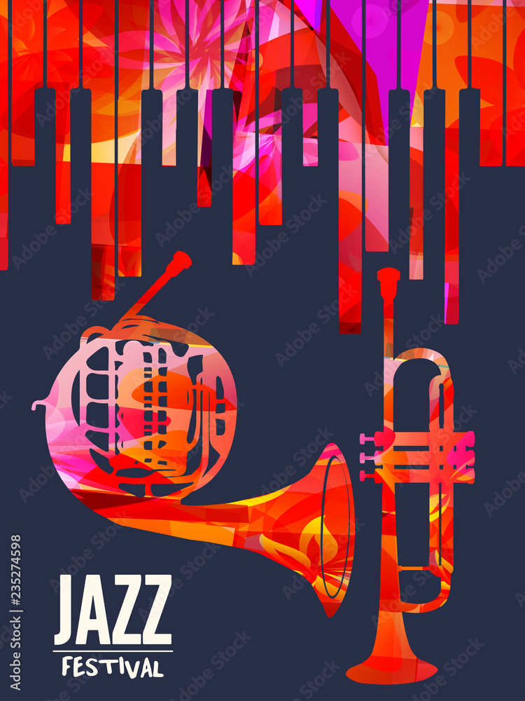 Naklejka premium Jazz music festival poster with piano keyboard, french horn and trumpet vector illustration. Music background with music instruments, live concert events, party flyer, brochure, promotion banner