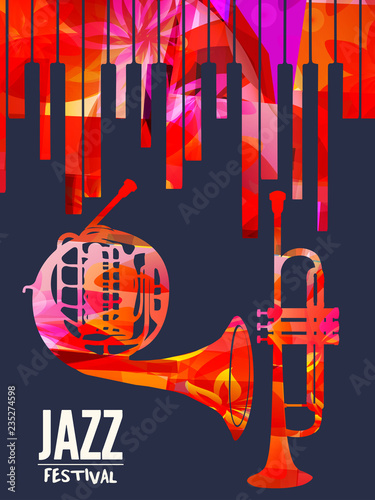 Jazz music festival poster with piano keyboard, french horn and trumpet vector illustration. Music background with music instruments, live concert events, party flyer, brochure, promotion banner
