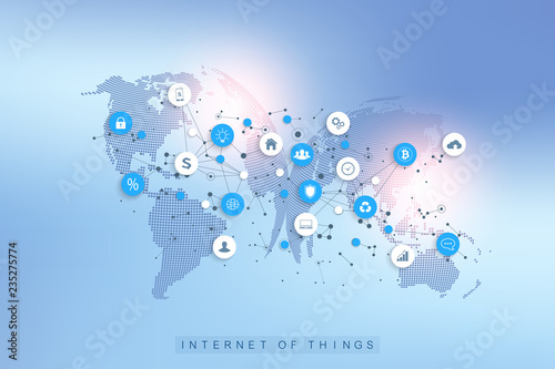 Internet of things IoT and network connection concept design vector. Social media network and marketing concept with dotted globes. Internet and business technology