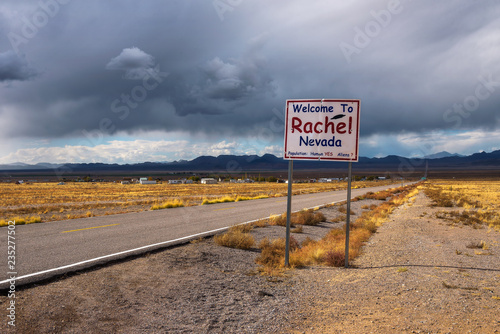 Welcome to Rachel street sign on SR-375 in Nevada, USA photo