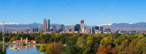 Fotografering Skyline of Denver downtown with Rocky Mountains
