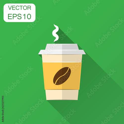 Coffee, tea cup icon in flat style. Coffee mug vector illustration with long shadow. Drink business concept.
