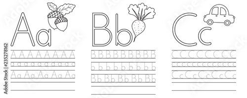 Writing practice of letters A,B,C. Coloring book. Education for children. Vector illustration