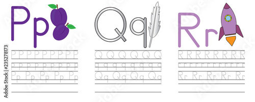 Writing practice of letters P,Q,R. Education for children. Vector illustration