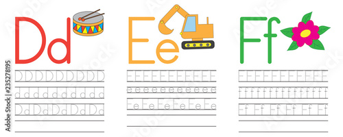 Writing practice of letters D,E,F. Education for children. Vector illustration