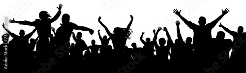 Cheerful people having fun celebrating. Crowd of fun people on concert, party, holiday. Applause people hands up. Cheer audience. Silhouette Vector Illustration