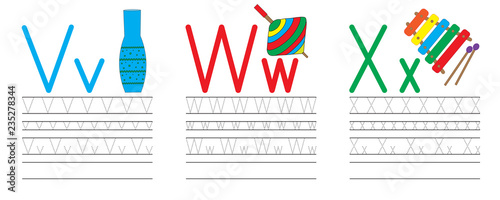 Writing practice of letters V,W,X. Education for children. Vector illustration