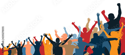 Crowd of cheerful people. Isolated, separate from each other. Hands up. Group of people. Increasing, inclined, under the slope