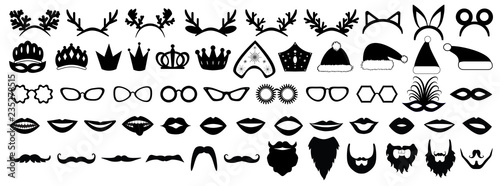 Photo booth props. New year (Christmas) party set. Glasses, hats, lips, beard, antler, kokoshnik, crown, mask. Vector illustration.
