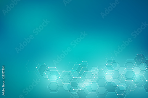 Fototapeta Naklejka Na Ścianę i Meble -  Molecular structures and hexagons elements. Abstract geometric background with molecules and communication. Hexagons pattern for medical or scientific and technological design.