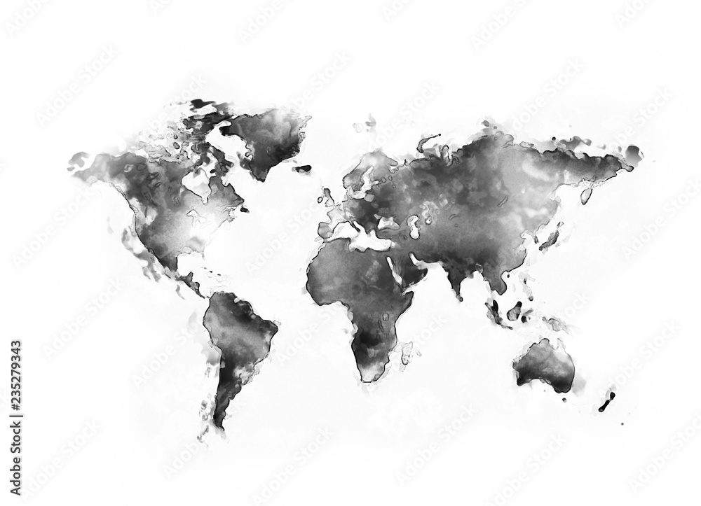 Fototapeta premium Mapa świata tuszem akwarela malarstwo na białym tle