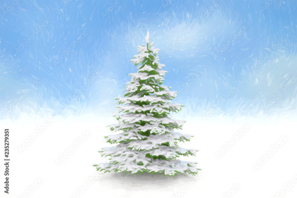 Christmas tree and falling snow blue sky background Christmas tree and falling snow blue sky background