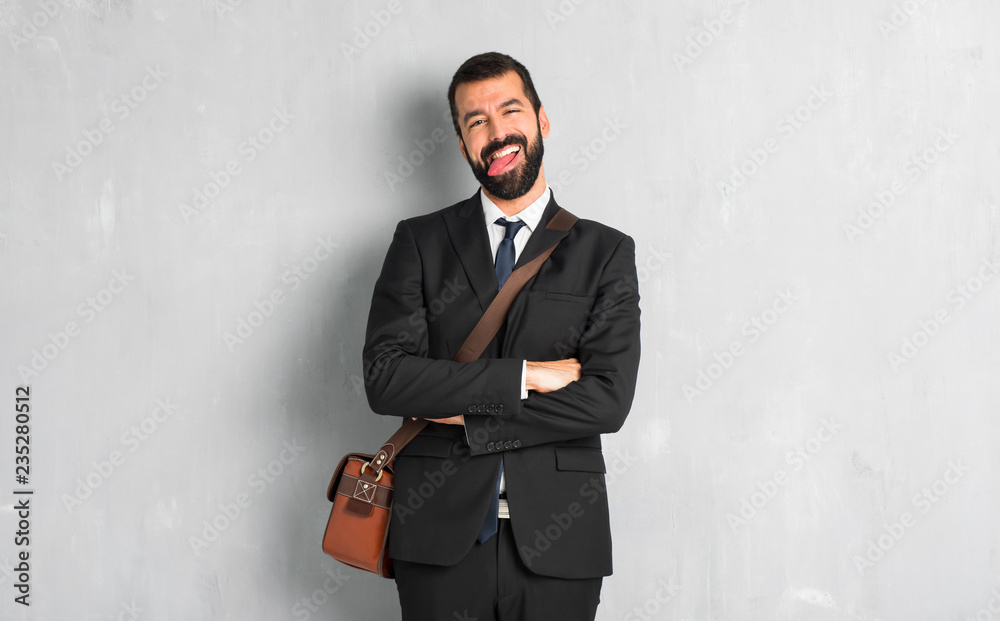 Businessman with beard makes funny and crazy face emotion Businessman with beard makes funny and crazy face emotion
