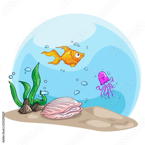 Aquarium icon. Vector illustration of aquarium with fish. Hand drawn beautiful marine life on the ocean floor.