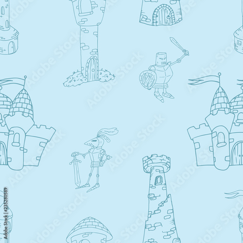 Dragon, knight, castle with towers seamless pattern. Vector illustration of a seamless pattern of fairytale characters dragon, knight. Hand drawn castle with tower knight with dragon.