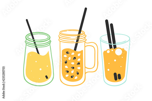Set of three fruit, vegetable, green smoothies in a jar, bottle, mug. Healthy vegetarian food. Vector illustration.