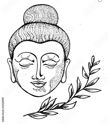 Black white illustration of buddha head and leaf of badian.