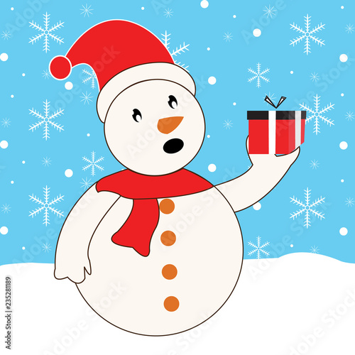 Winter Snowman vector illustration with gift and snowflakes