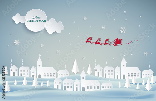Merry Christmas and Happy New Year. Santa Claus and reindeer flying red silhouette in christmas day. moon and cloud paper art and digital craft style