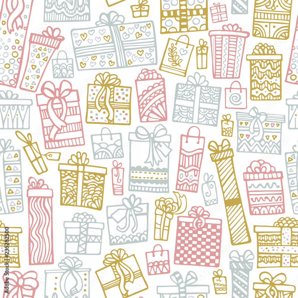 Hand-drawn seamless pattern for Christmas and New Year on a white background with gifts. Festive paper. Hand-drawn seamless pattern for Christmas and New Year on a white background with gifts. Festive paper.