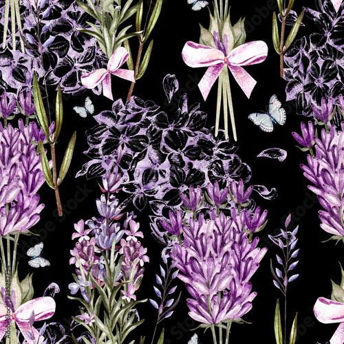 Watercolor pattern with Lavender and graphic hudrangea. Hand painting. Seamle...