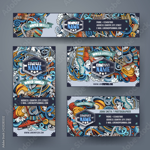 Winter sport hand drawn doodle corporate identity set. Cartoon d