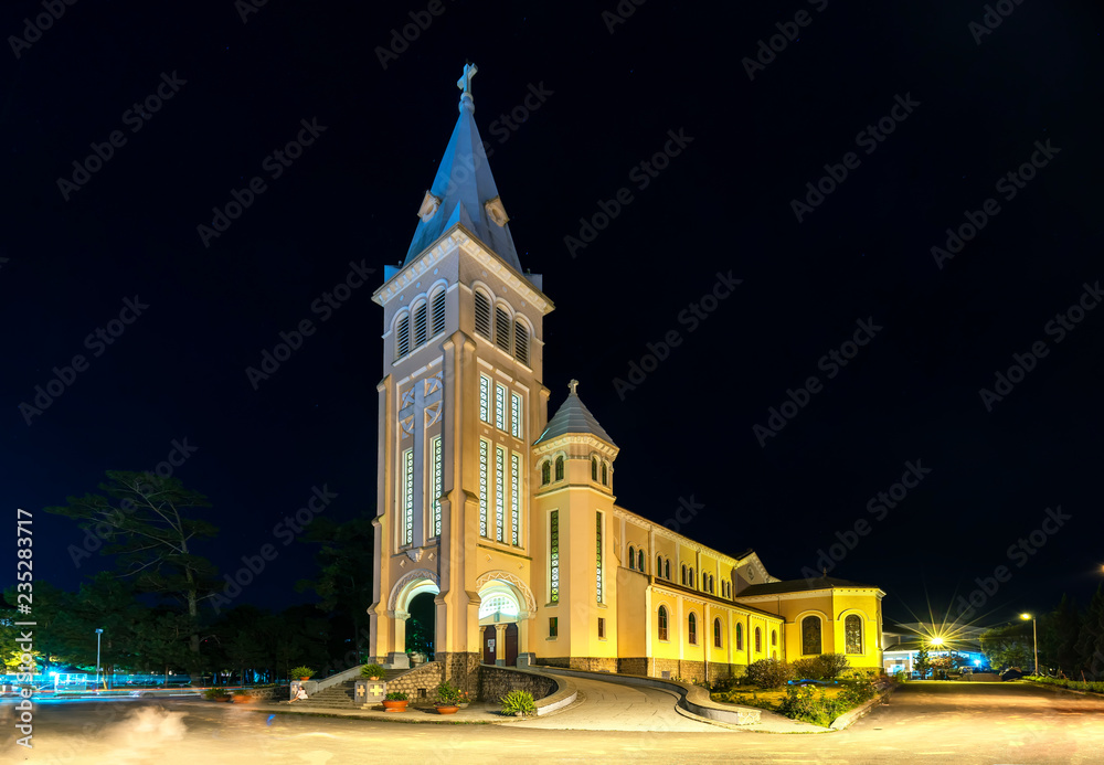 Da Lat, Vietnam - October 27th, 2018: Cathedral chicken at night. This is the famous ancient architecture, where attracts other tourists to annual spiritual culture in Da lat, Vietnam.