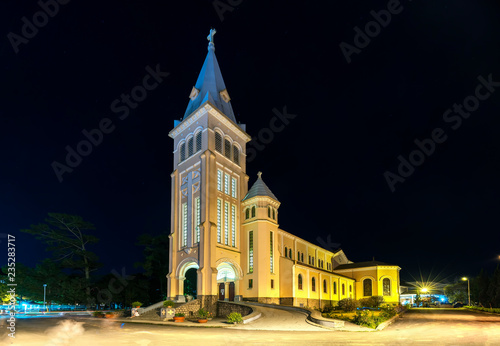 Da Lat, Vietnam - October 27th, 2018: Cathedral chicken at night. This is the famous ancient architecture, where attracts other tourists to annual spiritual culture in Da lat, Vietnam.