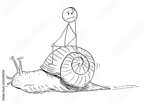 Cartoon stick drawing conceptual illustration of frustrated man or businessman sitting on the shell of snail and moving slow. Metaphor of slow progress and long waiting.