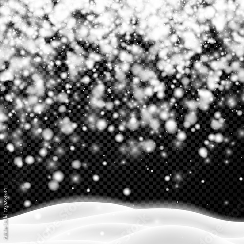 Background with winter landscape and snowfall for seasonal, Christmas and New Year decoration.