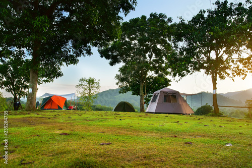 nature landscape camping tent with tree on green grass meadow and mountain in jungle garden or forest with blue sky for family vacation picnic on holiday relax travel in autumn winter on sunlight