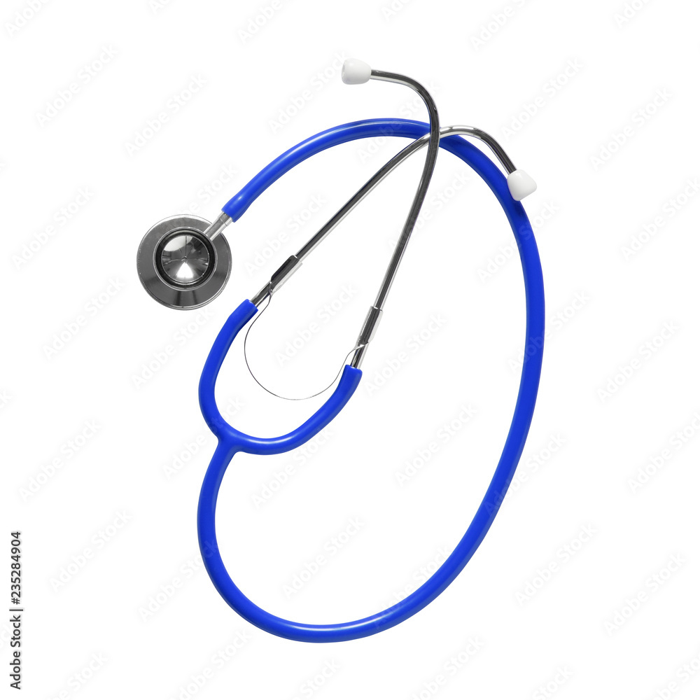 blue stethoscope medical instrument on top view for heart or lung and health respiratory check in hospital or clinic on white background isolated included clipping path