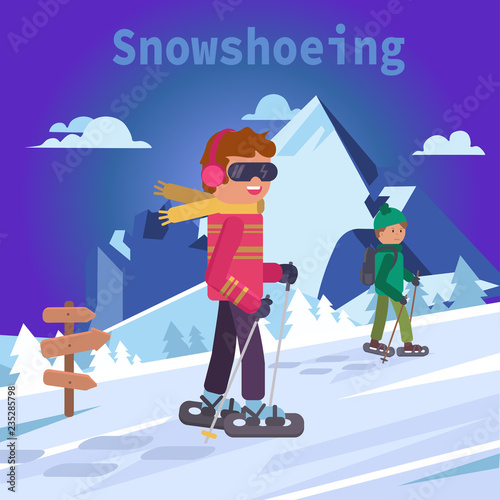 Men on mountain in snowshoes, flat vector illustration