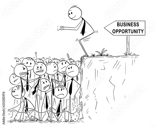Cartoon stick man drawing conceptual illustration of businessman looking for business opportunity is ready to jump in shallow water of saturated or oversaturated market. Business metaphor.