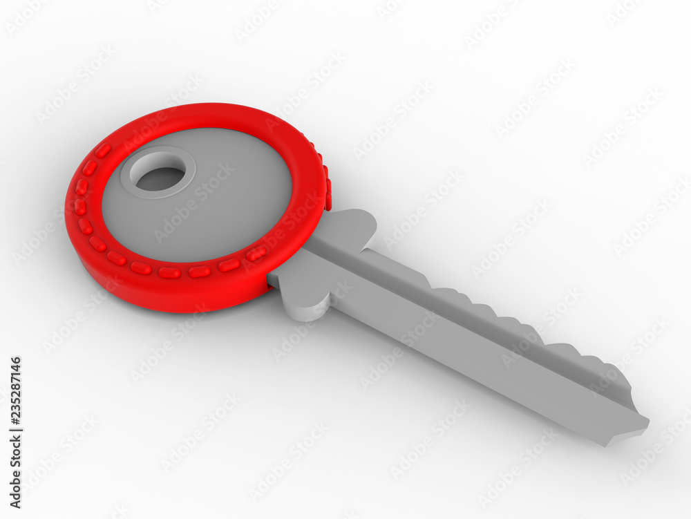 3D render - single metallic key with red cap 3D render - single metallic key with red cap