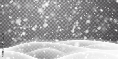 Transparent poster with winter landscape and snowfall.