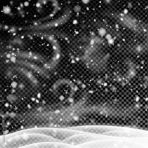 Transparent background with winter landscape, snow and blizzard.