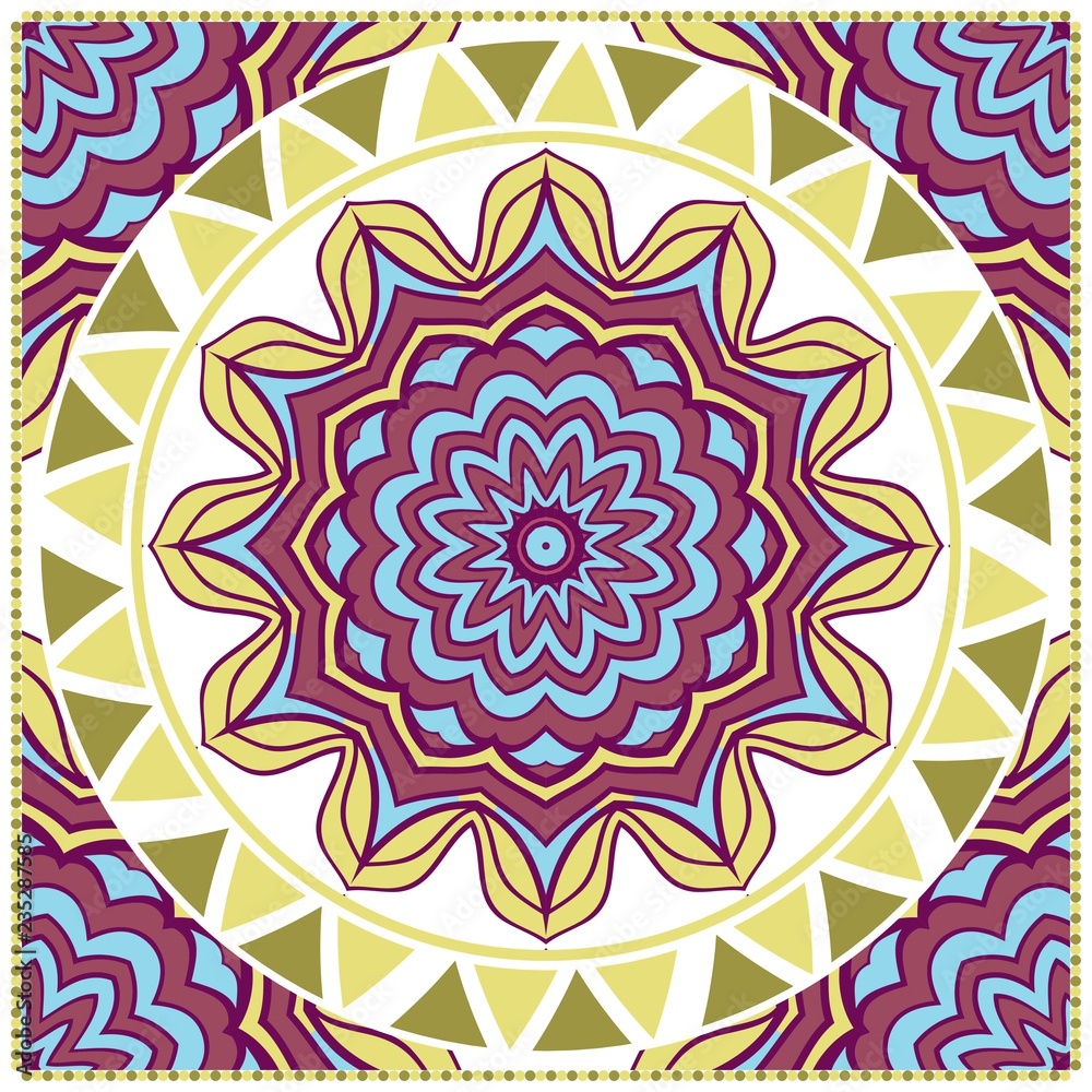 Design with abstract hand drawn floral color mandala pattern with decorative element. Vector illustration. Template design for card, shawl, bandanna, fashion print