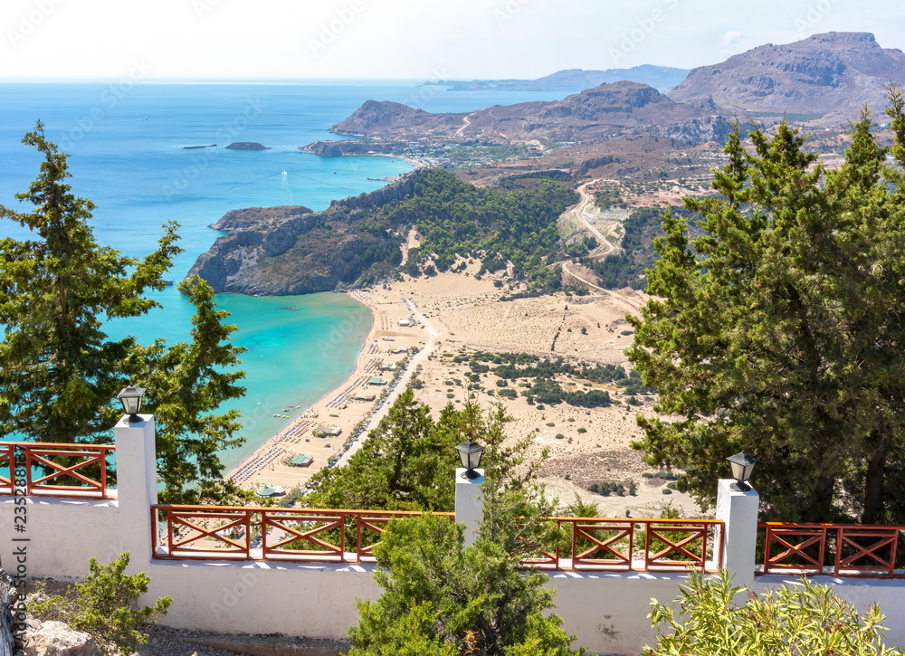 Tsampika beach and Rhodes island panorama from Tsampika mountain top, Greece