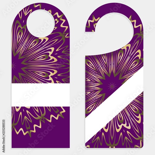 Hanger die cut. Empty shablon with floral mandala ornament. Vector illustration. hotel door hang tag signs. photo