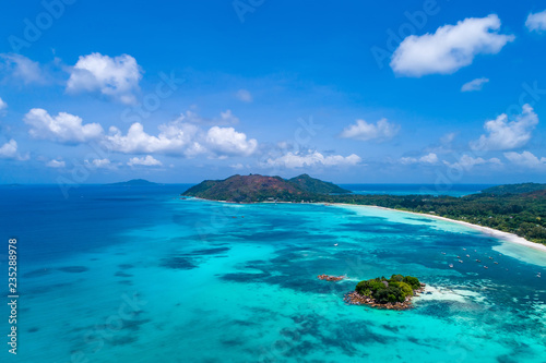 Aerial view of beautiful island at Seychelles in the Indian Ocean.Top view from drone