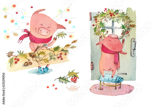 Piglet decorates the house for the New Year