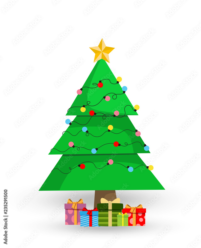 Cute cartoon decorated Christmas fir tree with gifts and presents on white