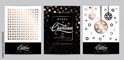 Set of Christmas Background Templates in Rose Gold and Black colors with Stars and Snowflakes. Vector illustration. Flat design. 