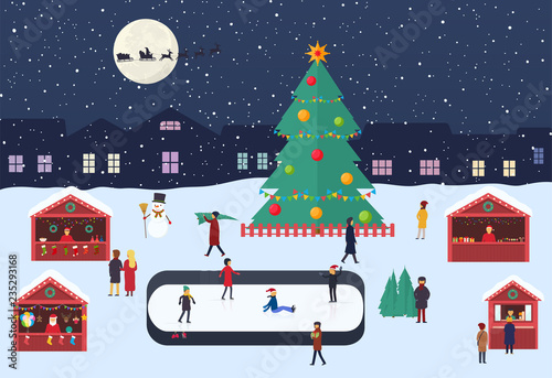 Christmas market with souvenir stalls, ice rink on the evening city square. Festive winter shopping, celebrations in the town square on the eve of the New Year.