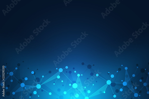 Abstract geometric texture with molecular structures and neural network. Molecules DNA and genetic engineering. Futuristic artificial intelligence concept. Vector technological and scientific design.