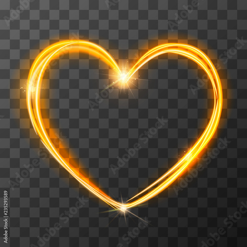 Neon blurry love symbol, golden magic light trail effect at motion. Luminous rays in heart shape on transparent background