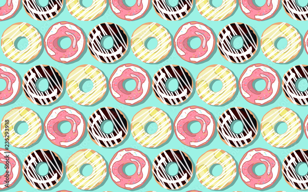 A collection of donuts. Chocolate, strawberry and fruit. Vector illustration.