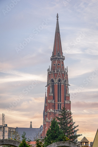 Scenic view of belfry of catholic St Peter and Paul Cathedral. Osijek, Croatia.