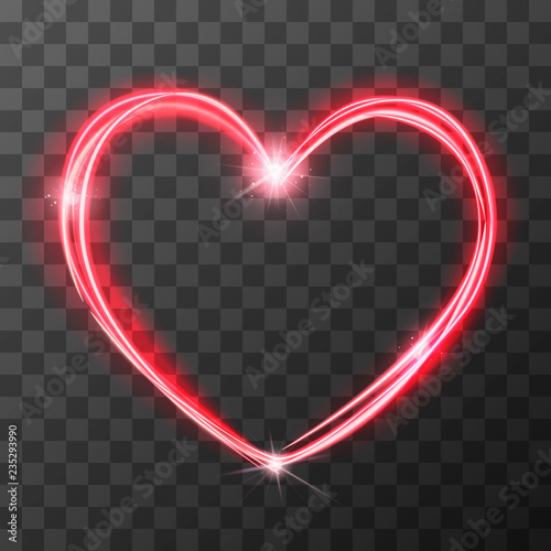 Neon blurry love symbol, red magic light trail effect at motion. Luminous rays in heart shape on transparent